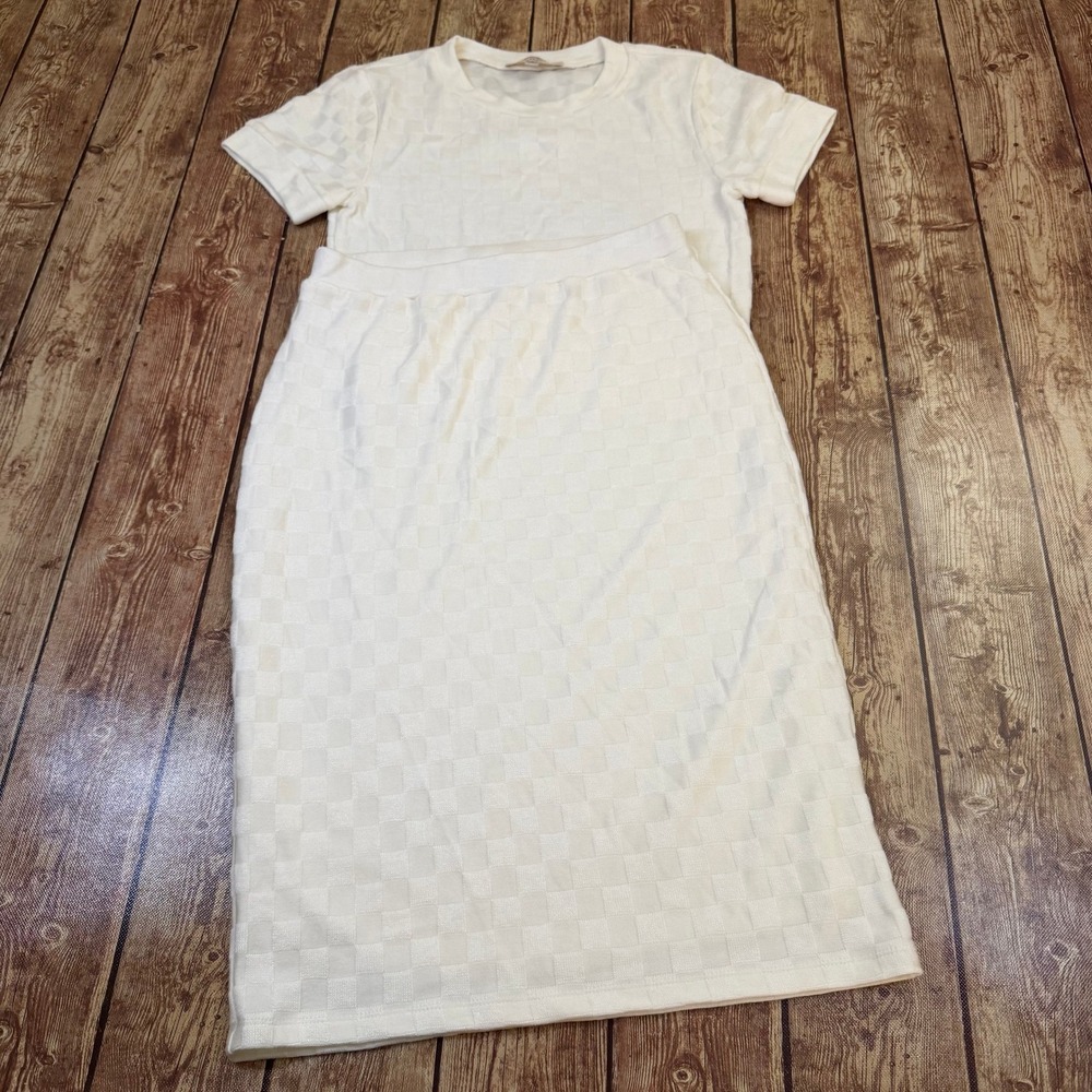 Atelier by Kirious Checkered Knit Skirt Set Womens Small White 2 Piece Midi
